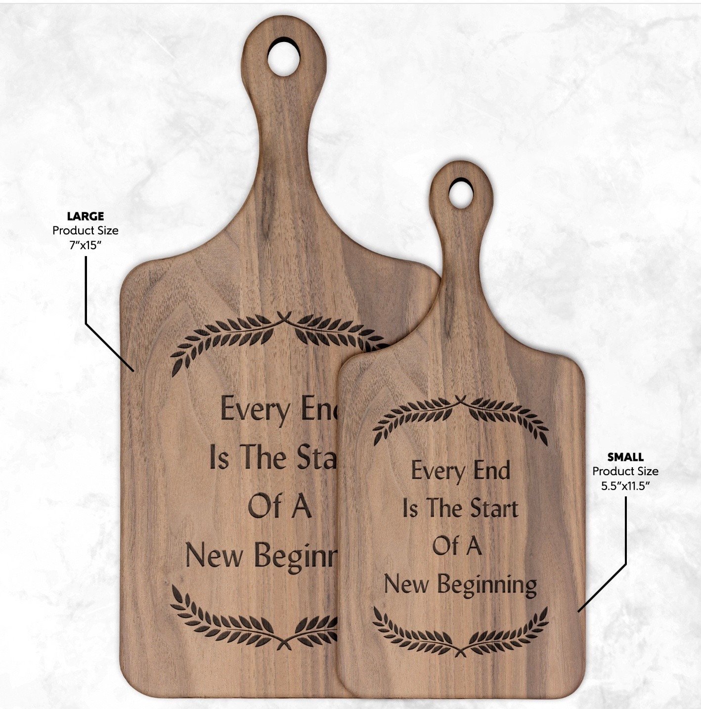 Cutting board with engraved quote "every end is the start of a new beginning"