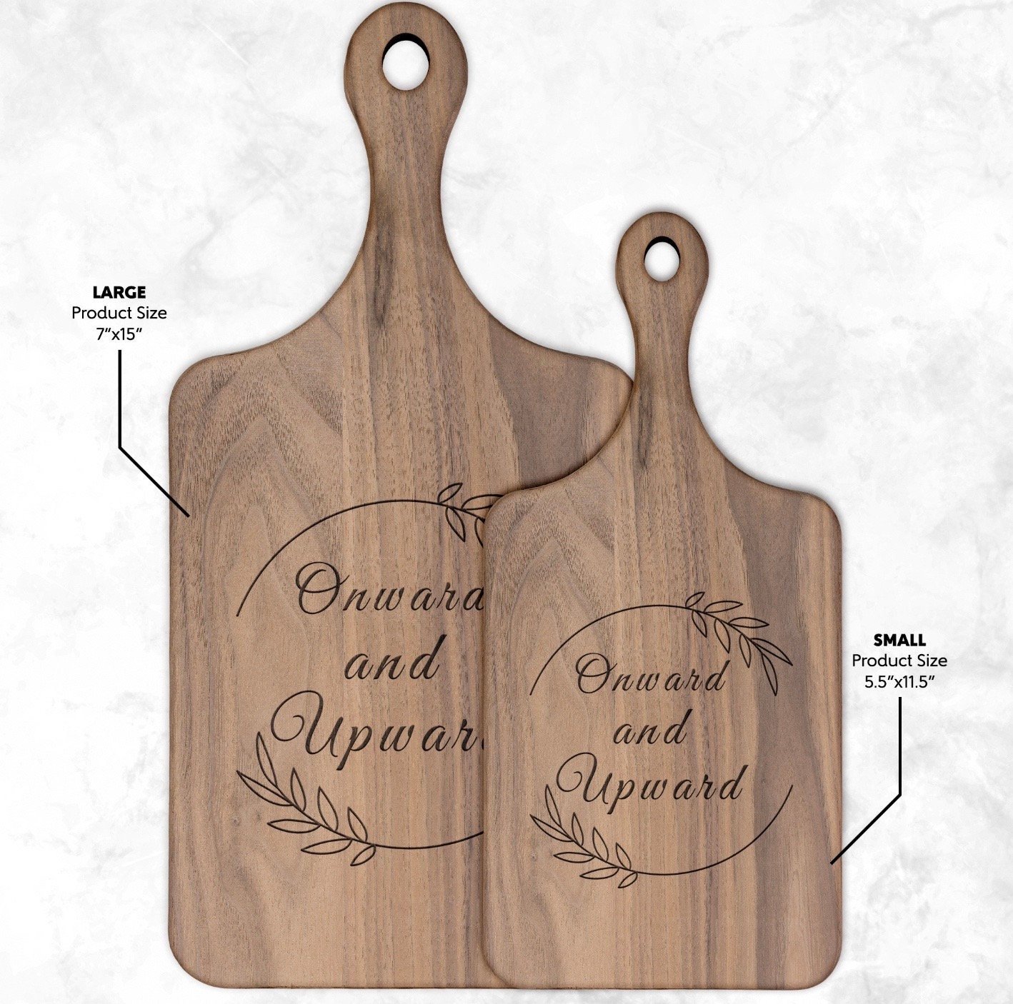 Inspirational quote Onward and Upward on walnut cutting board in large or small