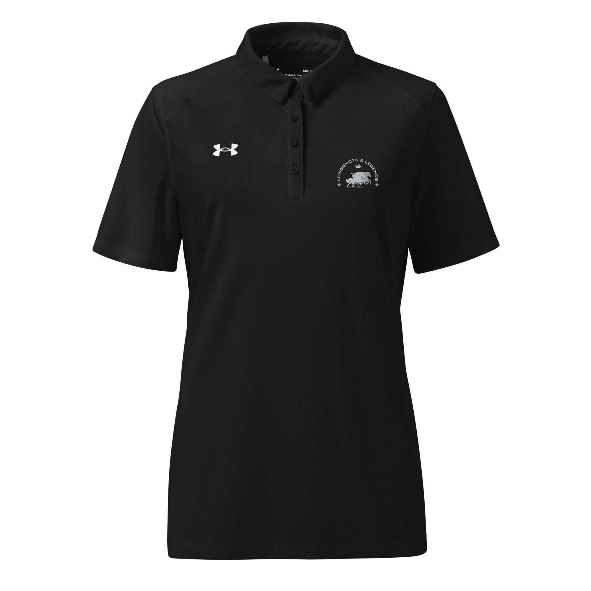 Custom embroidered women’s Under Armour® collared polo shirt with horse logo. Celebrate with the Longshots and Legends collection of athletic wear.