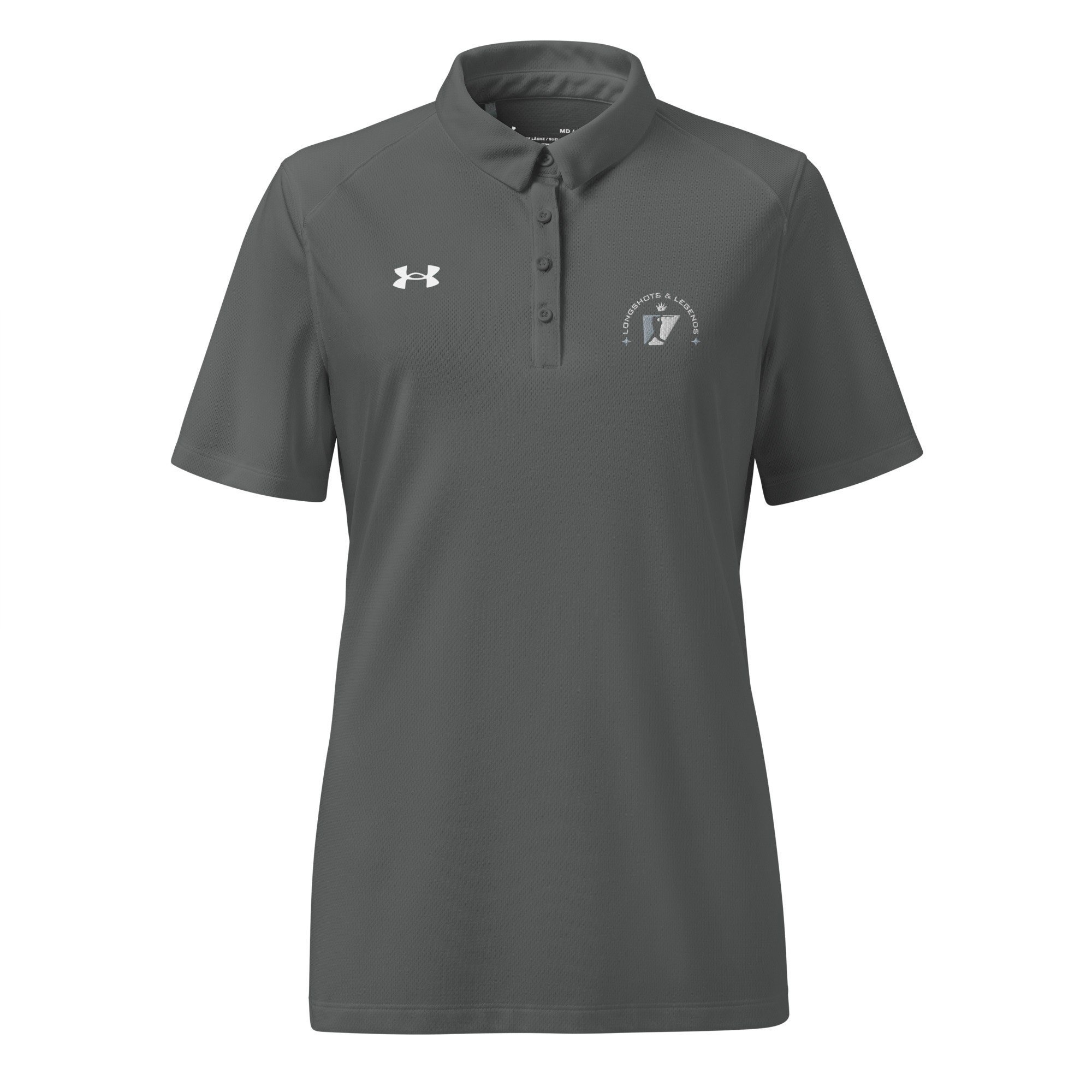 Custom embroidered women’s Under Armour® collared polo shirt with baseball logo in dark gray. Women's fit athletic wear in the Longshots and Legends collection.