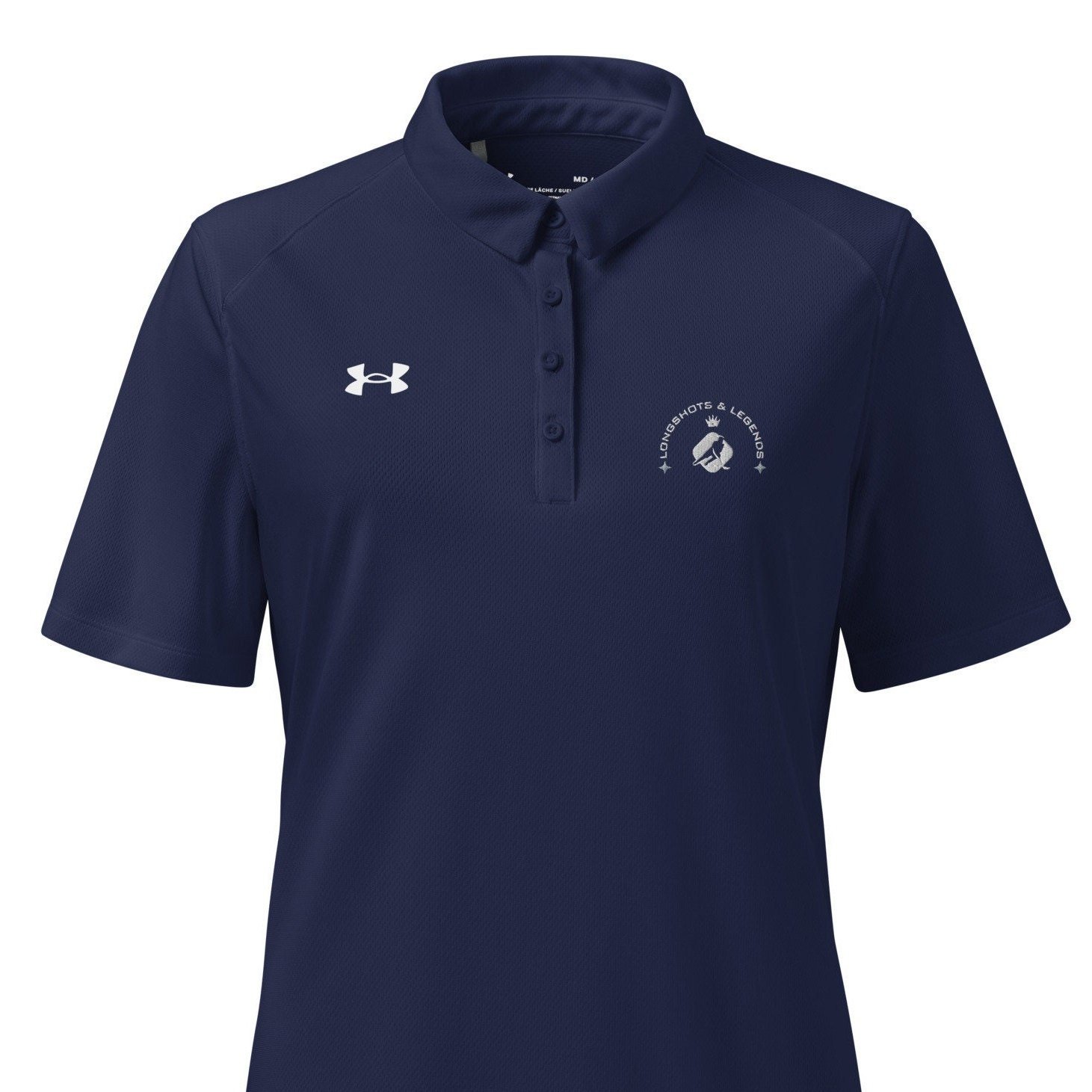 Custom embroidered women’s Under Armour® collared polo shirt with hockey logo in navy blue. Celebrate with the Longshots and Legends collection of athletic wear.