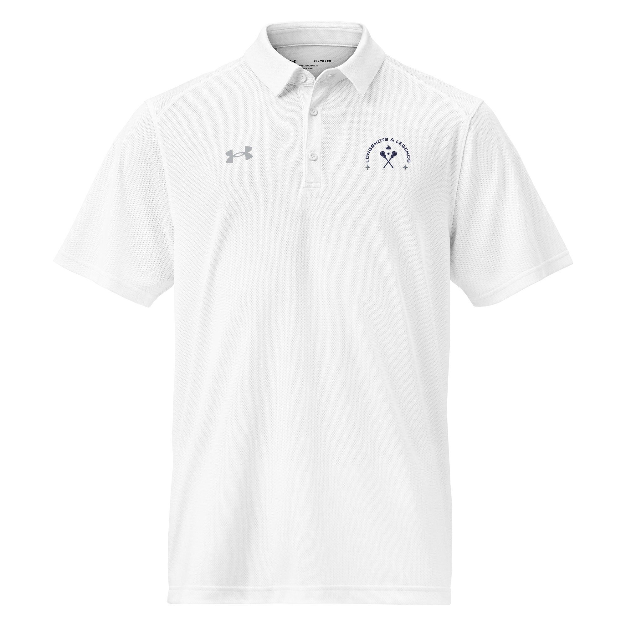 Custom embroidered men’s Under Armour® collared polo shirt with lacrosse logo in white. Celebrate with the Longshots and Legends collection of athletic wear.
