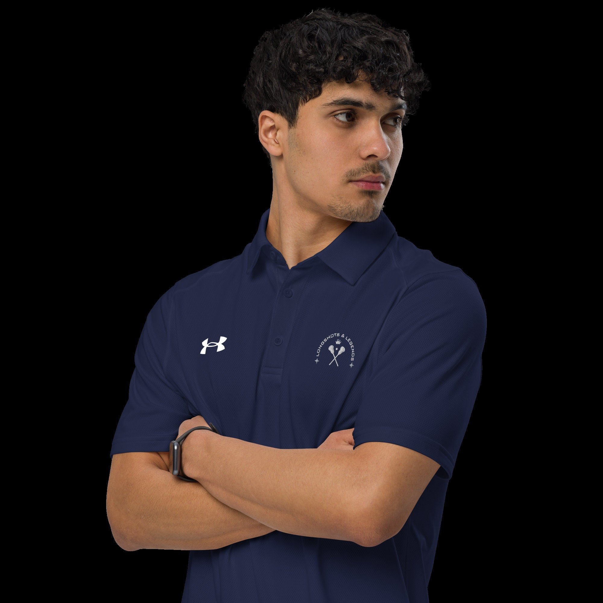 Custom embroidered men’s Under Armour® collared polo shirt with lacrosse logo in navy blue. Celebrate with the Longshots and Legends collection of athletic wear.