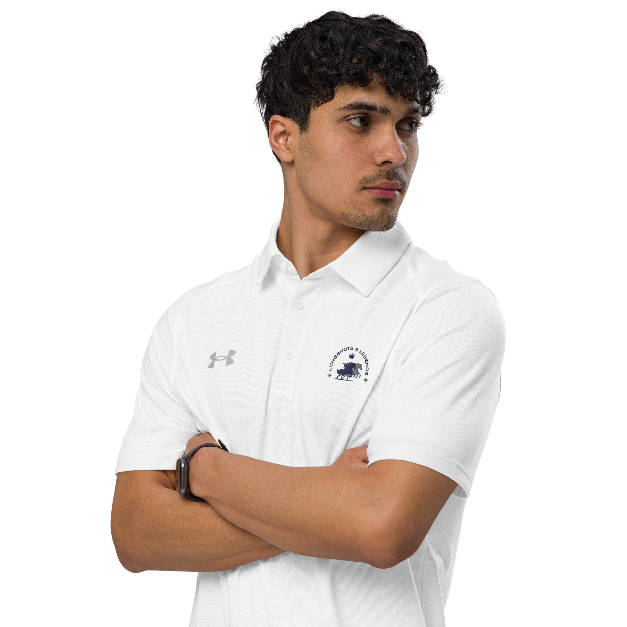 Custom embroidered men’s Under Armour® collared polo shirt with equestrian logo in white. Celebrate with the Longshots and Legends collection of athletic wear.