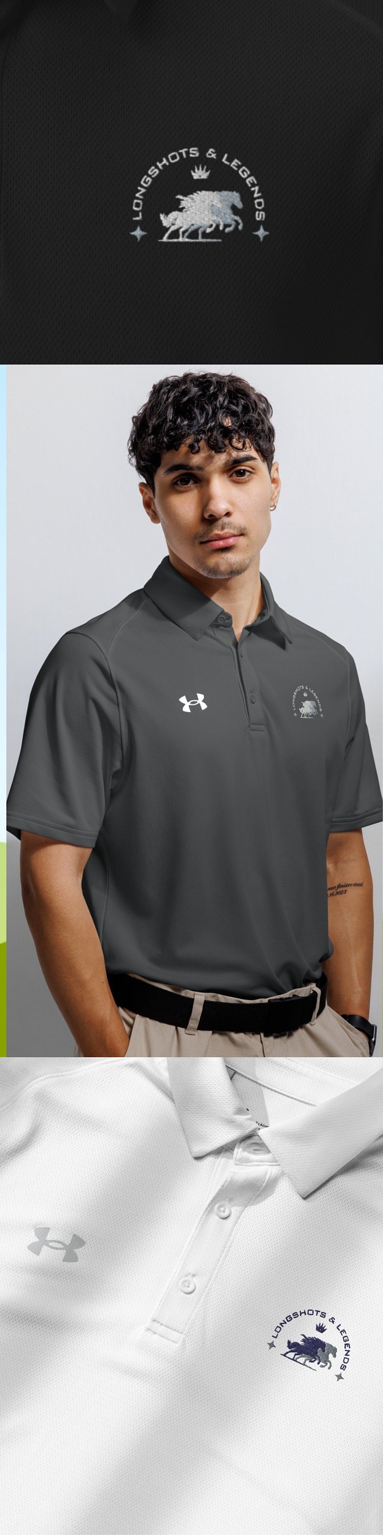 Custom embroidered men’s Under Armour® collared polo shirt with equestrian logo in black. Celebrate with the Longshots and Legends collection of athletic wear.