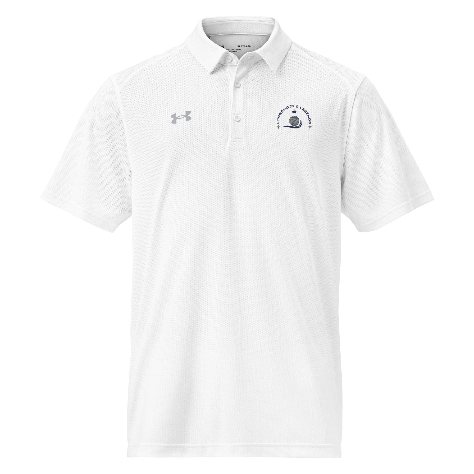 Custom embroidered men’s Under Armour® collared polo shirt with basketball logo in white. Celebrate with the Longshots and Legends collection of athletic wear.