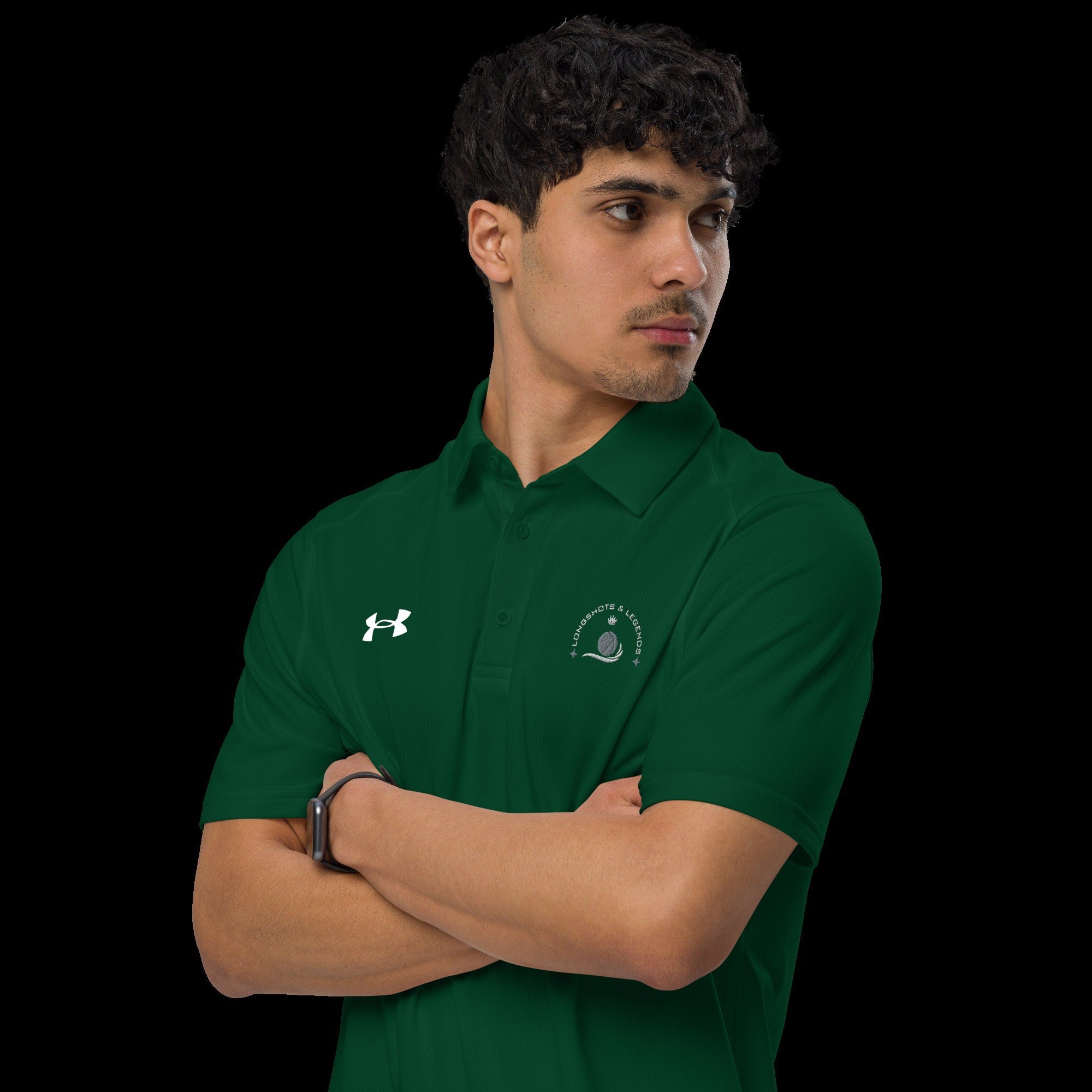Custom embroidered men’s Under Armour® collared polo shirt with basketball logo in spruce green. Celebrate with the Longshots and Legends collection of athletic wear.