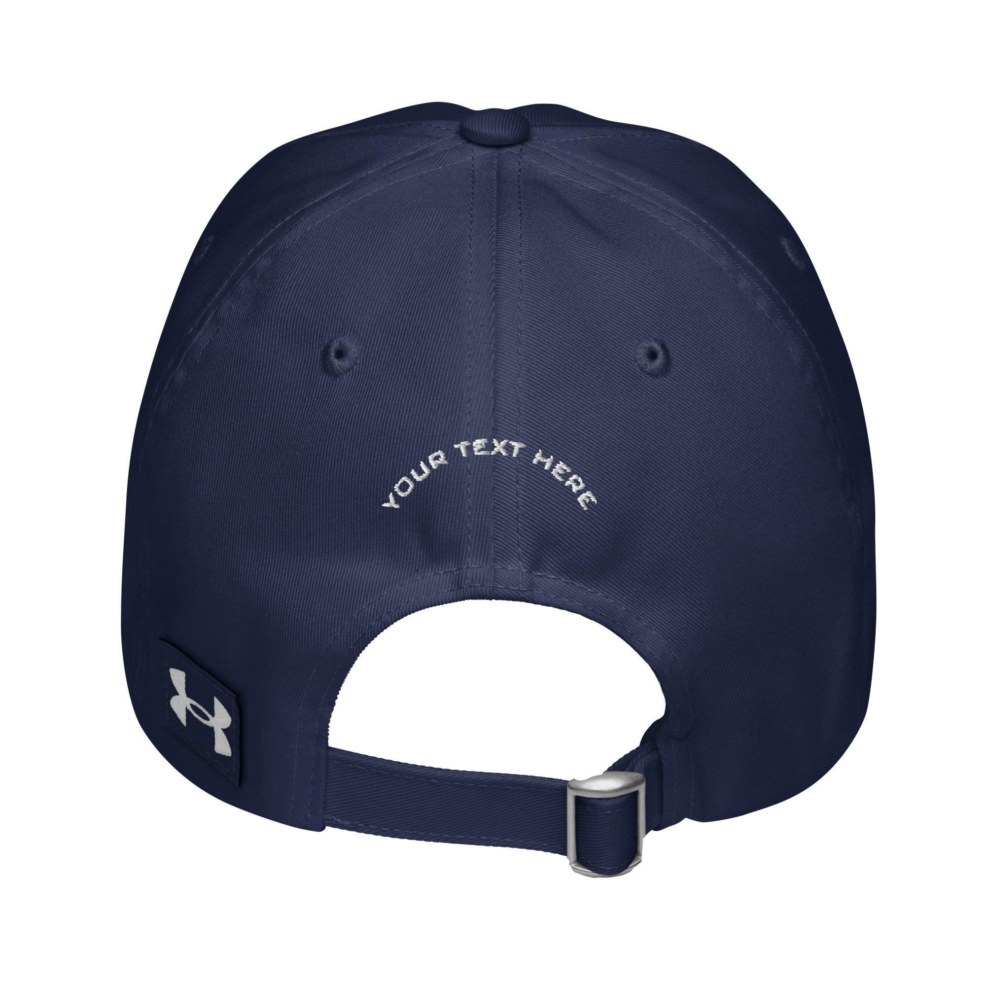 Back of embroidered Under Armour® hat with basketball design for custom text
