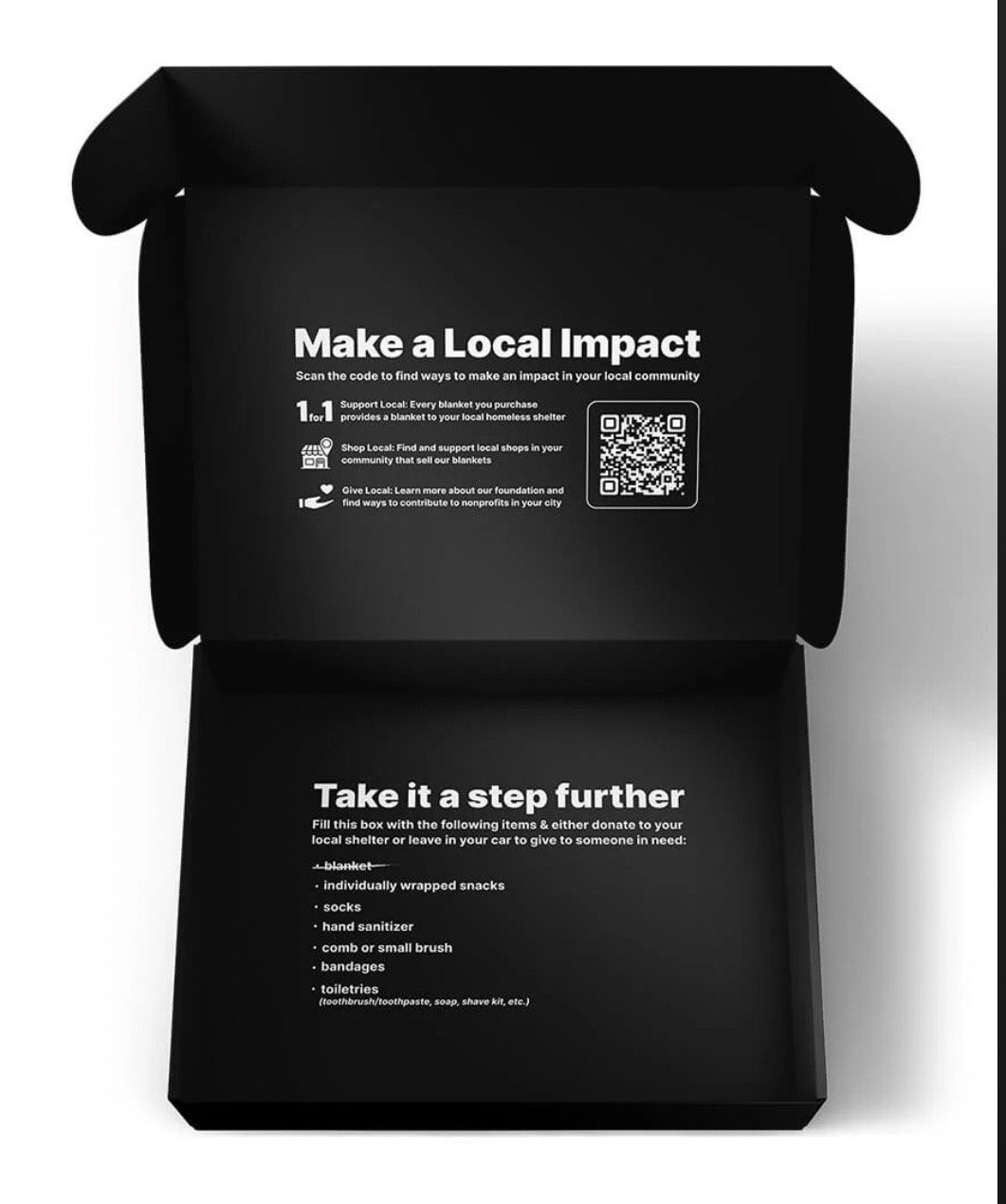 Box packaging for fall throw blanket with QR code to help homeless