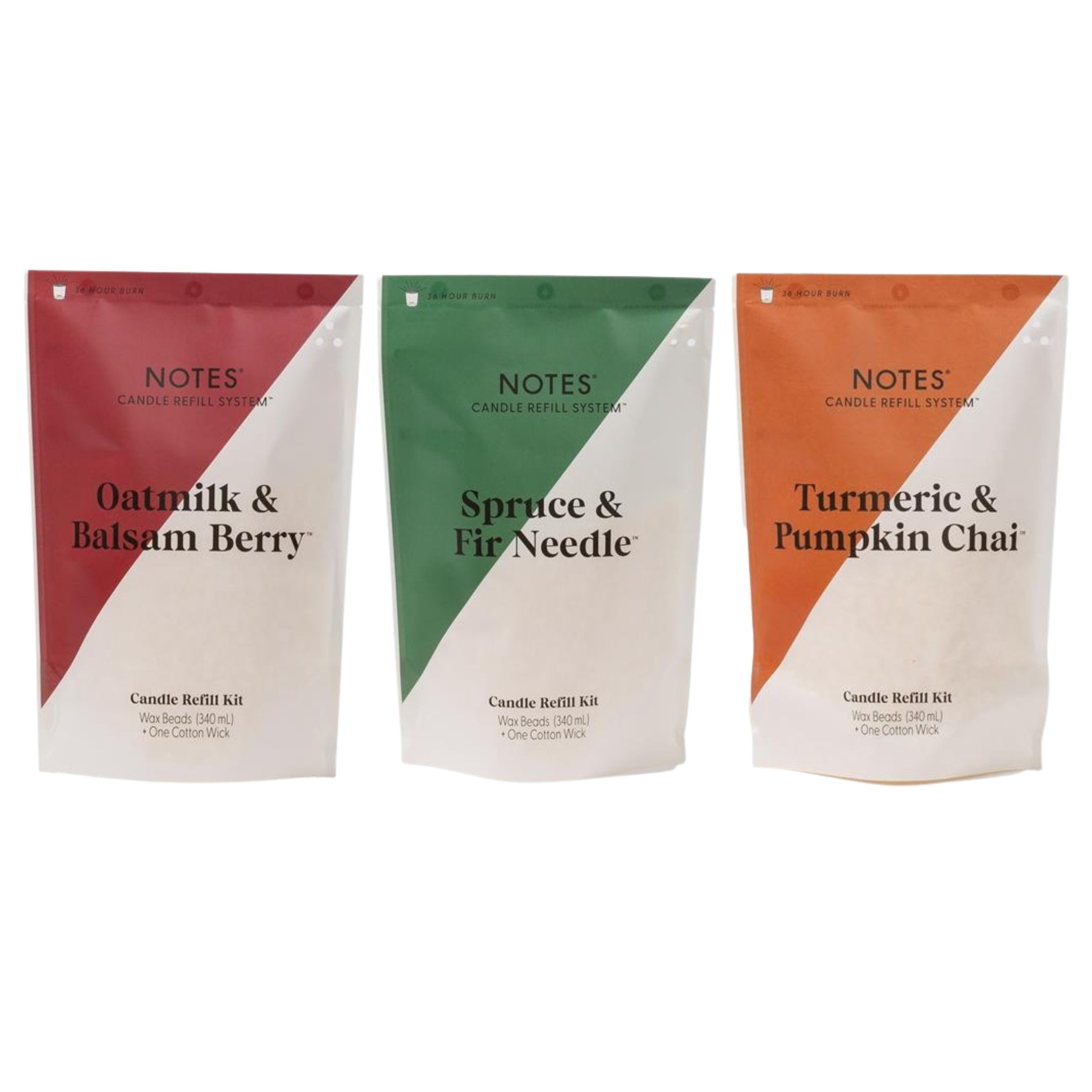 NOTES wax bead refill kit in three scents for use in NOTES refillable glass kit with silicone insert. Available Turmeric and Pumpkin Chai