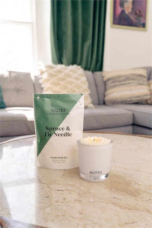 Refillable wax bead glass candle starter kit with Spruce and Fir Needle scented refill kit. Sustainable and eco-friendly.