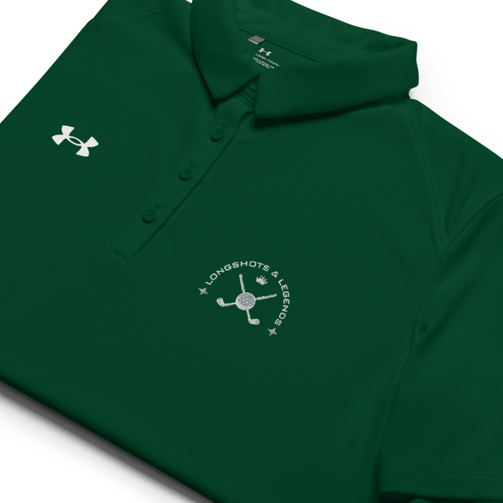 Custom embroidered women’s Under Armour® collared polo shirt with golf logo in spruce green. Celebrate with the Longshots and Legends collection of athletic wear.