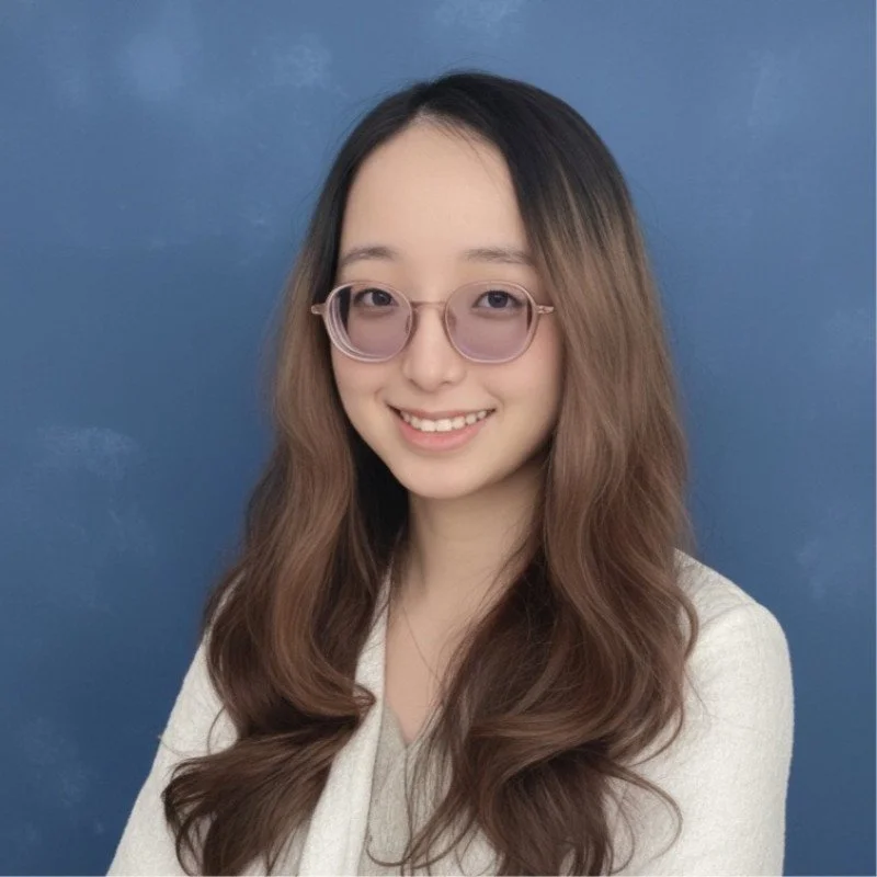 Young woman with long wavy brown hair, wearing round pink glasses and a light-colored top, smiling against a blue background.