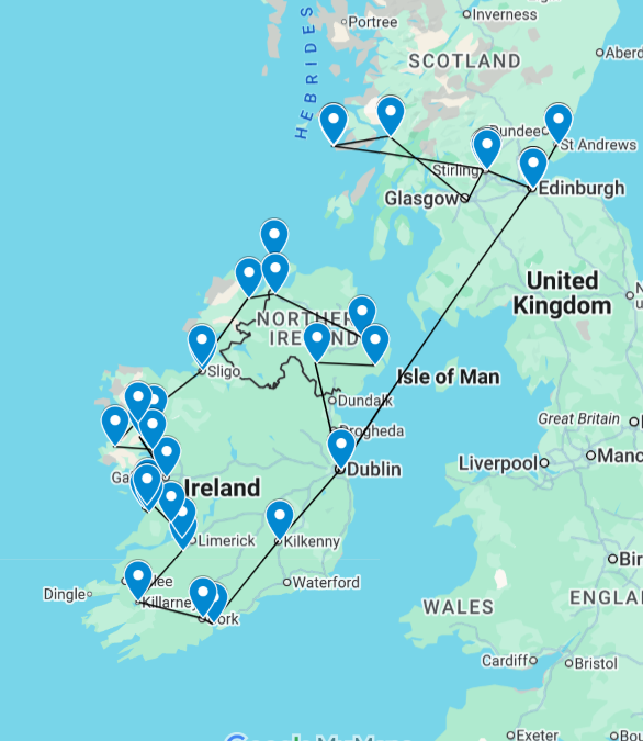 Map of Ireland and parts of the United Kingdom with connected points indicating a route.
