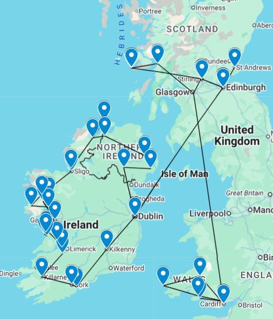 Map of Ireland and the United Kingdom with multiple route markers connecting various cities, including Dublin, Galway, and Cardiff.