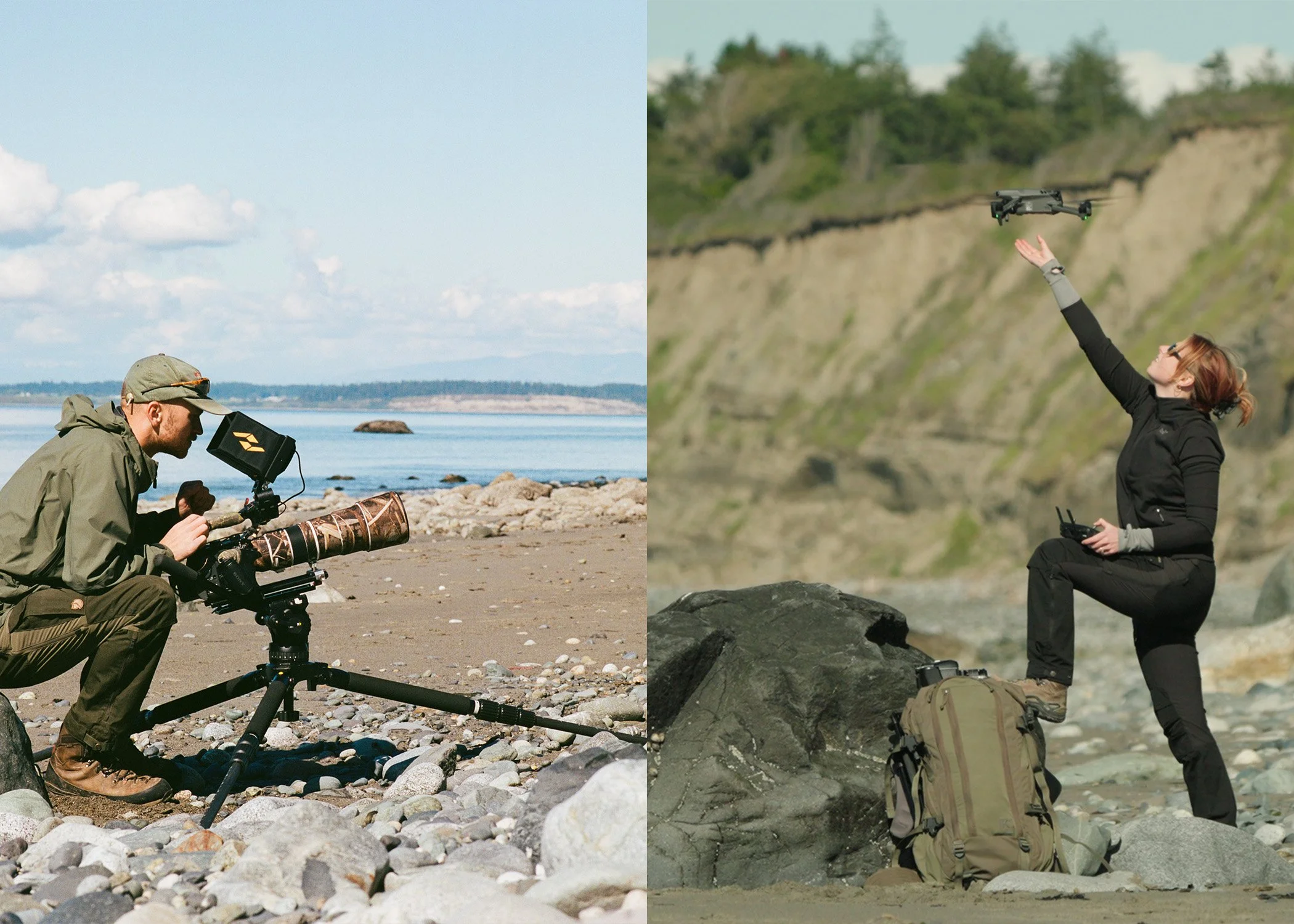 Andrew and Julia of East Elk Camera filming wildlife: Andrew operating camera, Julia flying drone