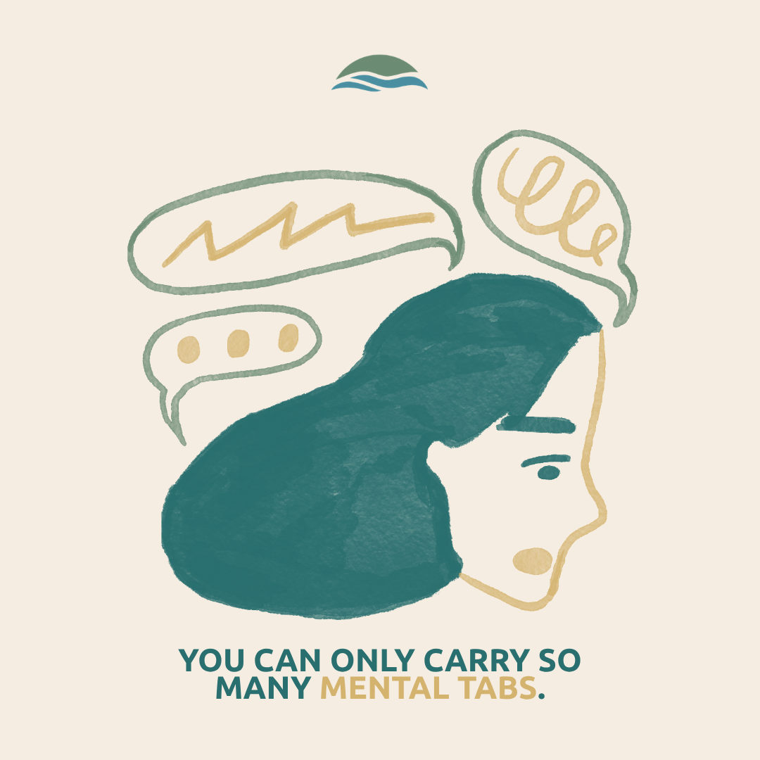 Illustration of a woman with open mental tabs representing the hidden mental load of microstress quietly running beneath the surface.