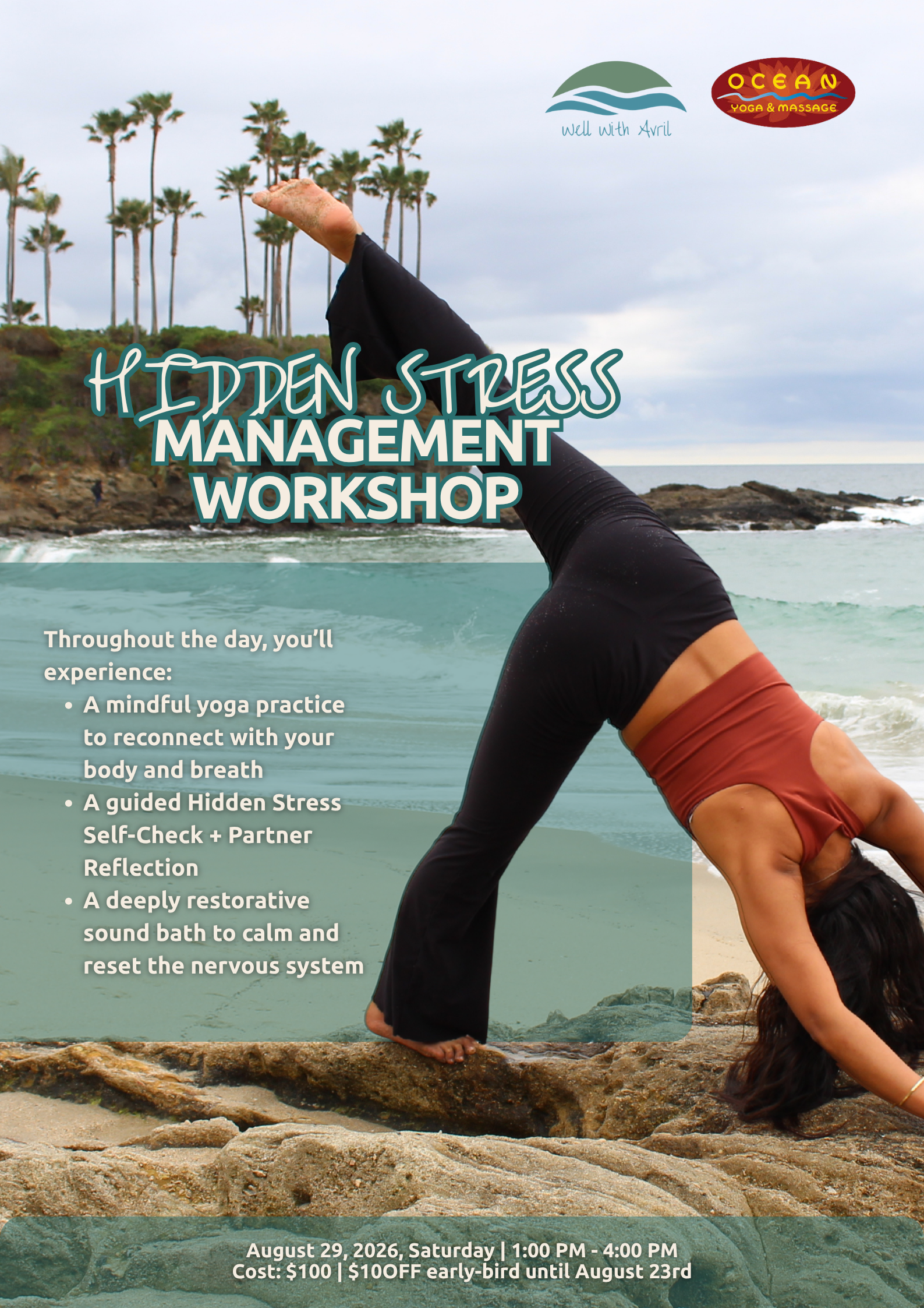 Hidden Stress Management Workshop by Well With Avril at Ocean Yoga Pacifica (August 29, 2026). Features mindful yoga practice, nervous system regulation, partner reflection, and restorative sound bath meditation.