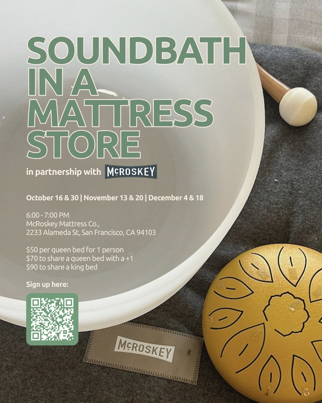 Well With Avril soundbath in a mattress store in partnership with McRoskey Mattress Co. San Francisco