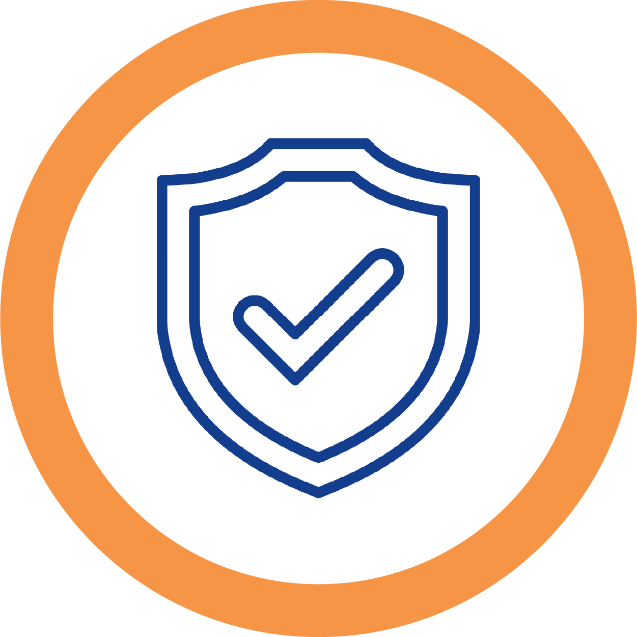 An icon of a shield with a checkmark inside, indicating security or protection, surrounded by an orange border.