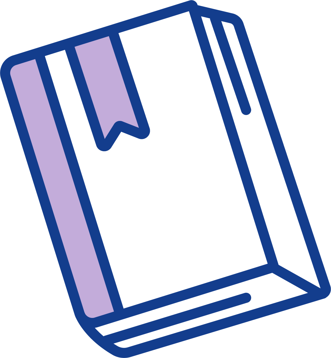 An illustration of a closed book with a purple bookmark.