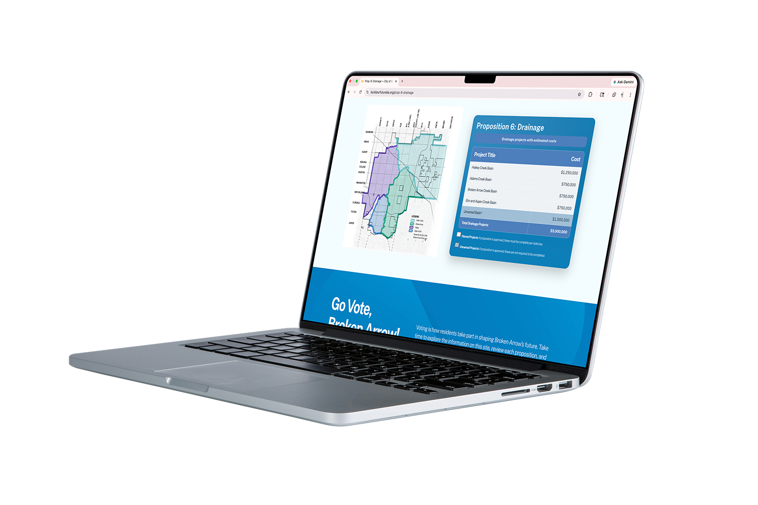 Laptop displaying a website with a map and a blue box showing drainage project costs, and a blue section at the bottom with text promoting voting and community involvement.