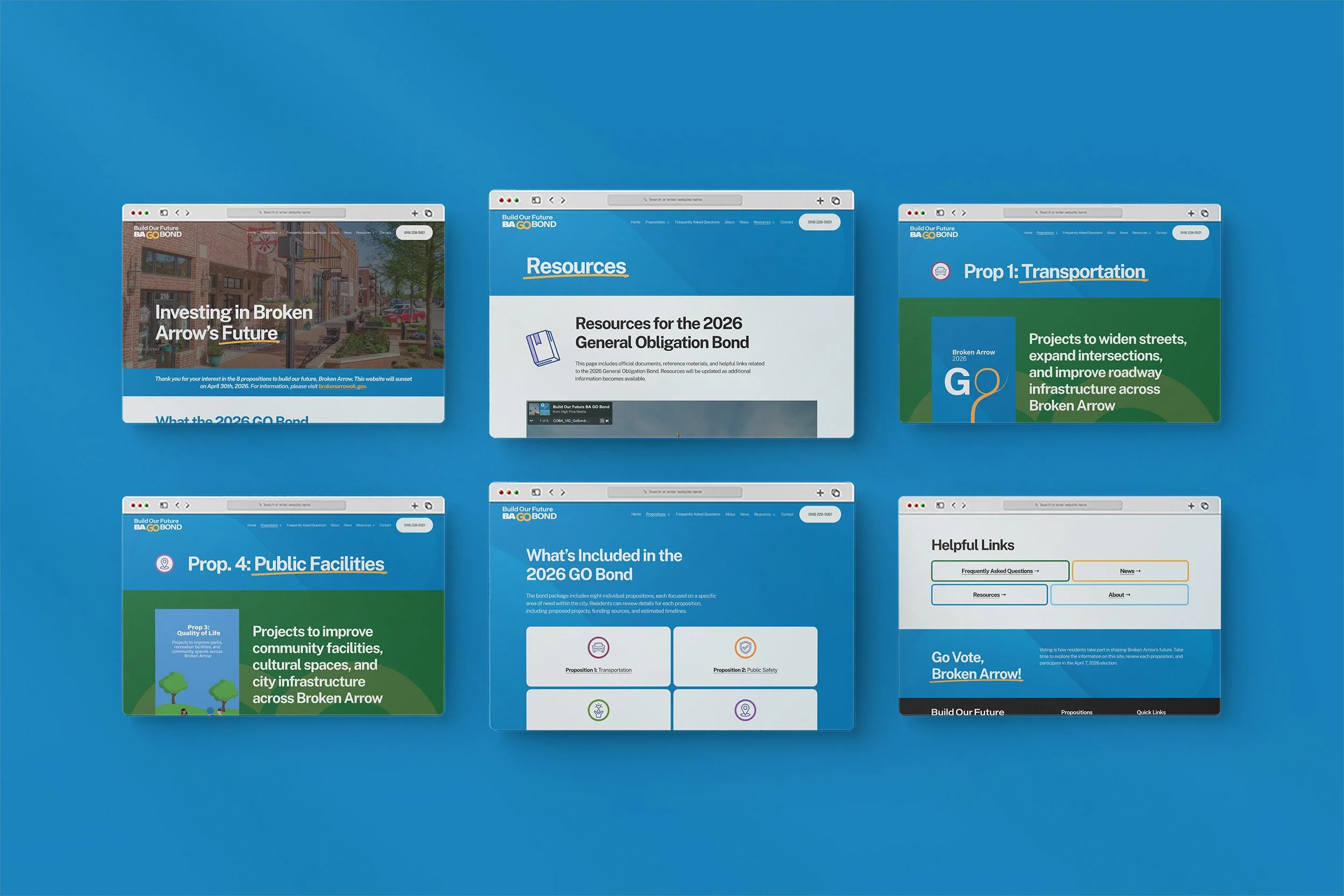 Six web pages displayed on a blue background, related to a community infrastructure bond, including topics on transportation, public facilities, and resources for 2026 bond planning.