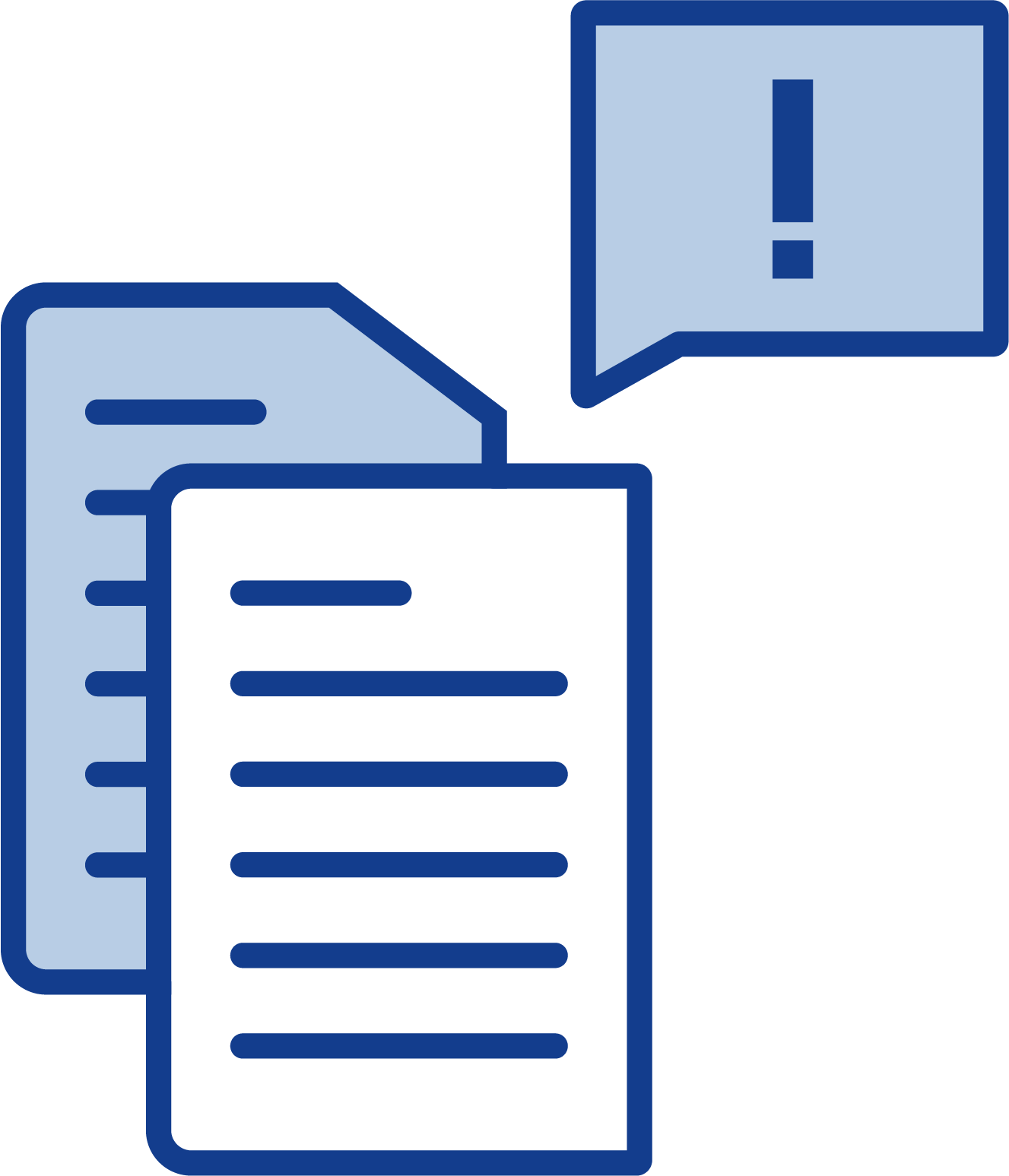 Illustration of a folder with documents and a speech bubble with an exclamation mark above it.