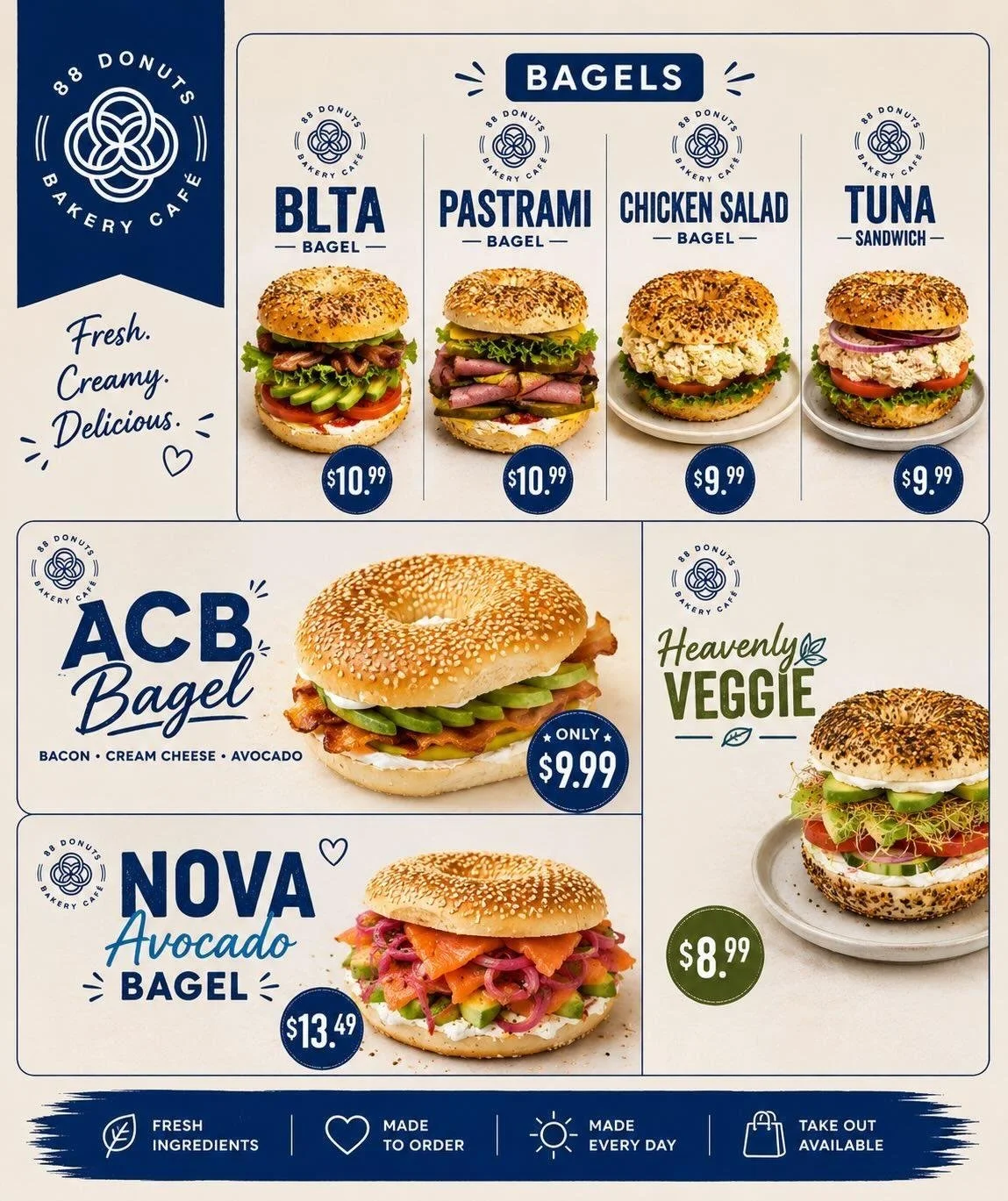 Promotional graphic for 88 Donuts Bakery Café featuring a variety of freshly made bagel sandwiches. Menu items include the BLTA Bagel ($10.99), Pastrami Bagel ($10.99), Chicken Salad Bagel ($9.99), Tuna Sandwich ($9.99), ACB Bagel with bacon, cream c