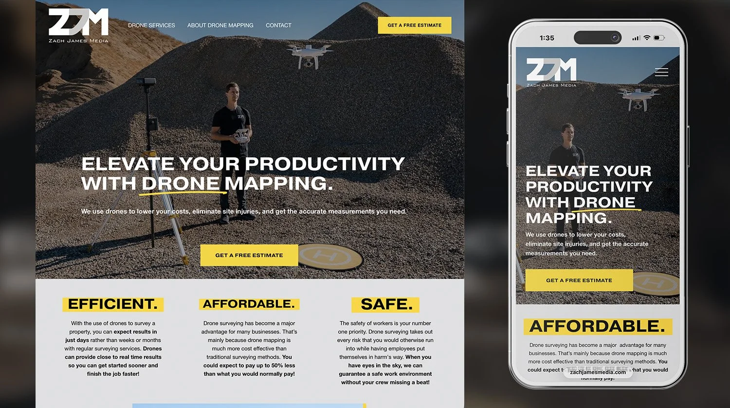 Zach James Media - Drone mapping and volume measurement services for municipalities and construction companies across Saskatchewan. 

Rebuilt the website from scratch with clear messaging, real job site photography, and a complete trade show brand sy