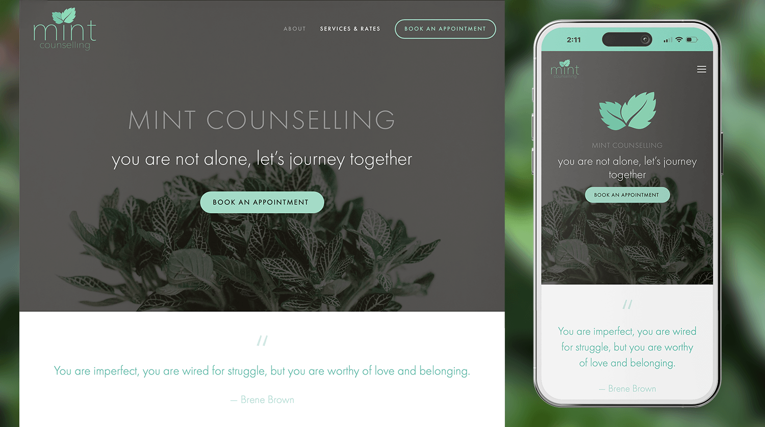 Mint Counselling - A local counselling practice creating space for healing and wholeness through the journey of counselling. 

Built the website and logo from scratch to reflect calm, warmth, and confidence for clients taking their first step toward 