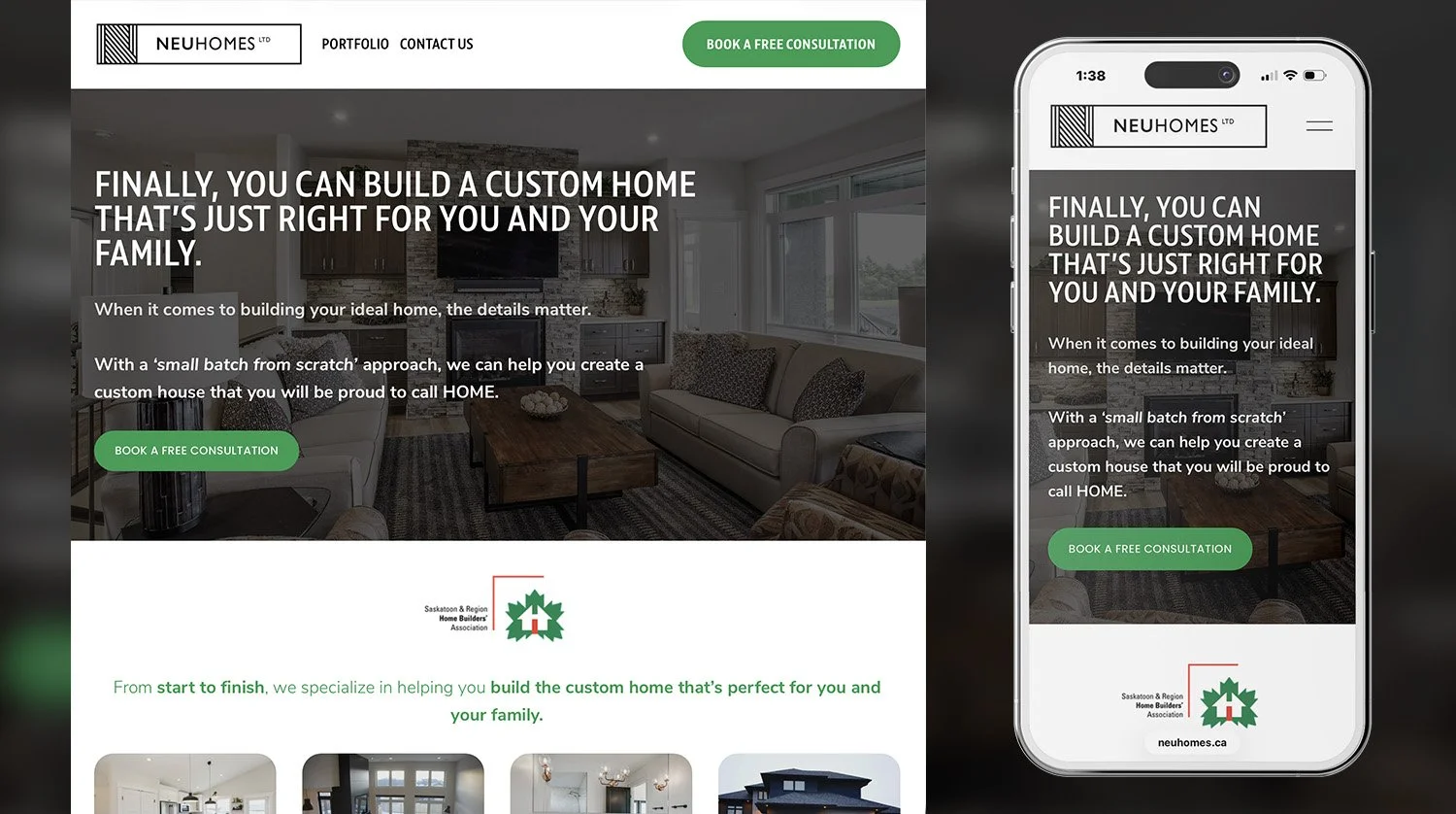 Neu Homes - Custom home builder in Saskatchewan with a small batch from scratch approach to building homes families are proud to call their own. 

Built a showcase website with portfolio photography and a clear path to booking a free consultation.
