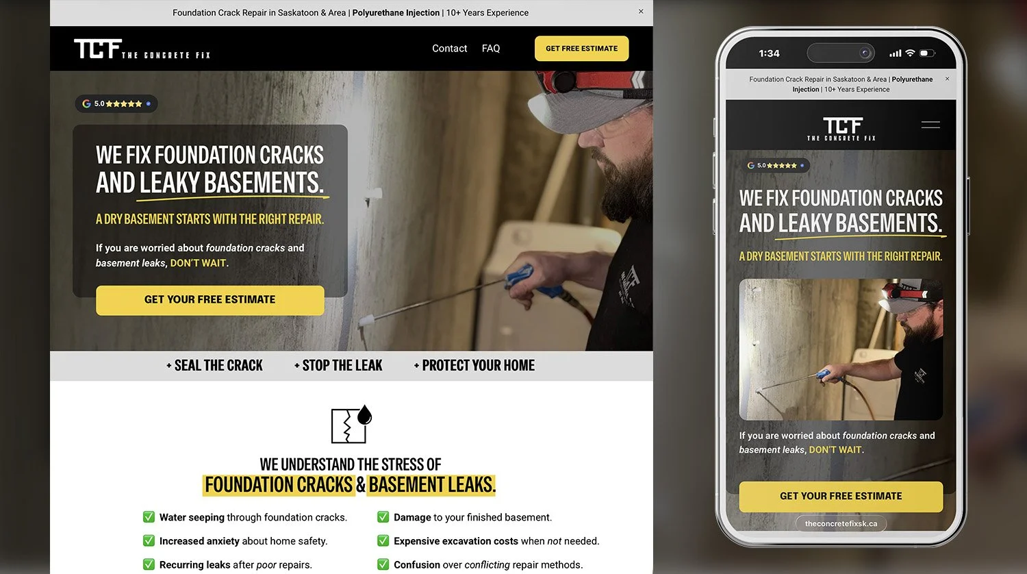 The Concrete Fix - Foundation crack repair and basement leak service in Greater Saskatoon. 

Rebuilt a cluttered outdated site into a clear conversion focused website with real job site photos, a qualifying contact form, and a three step plan.
