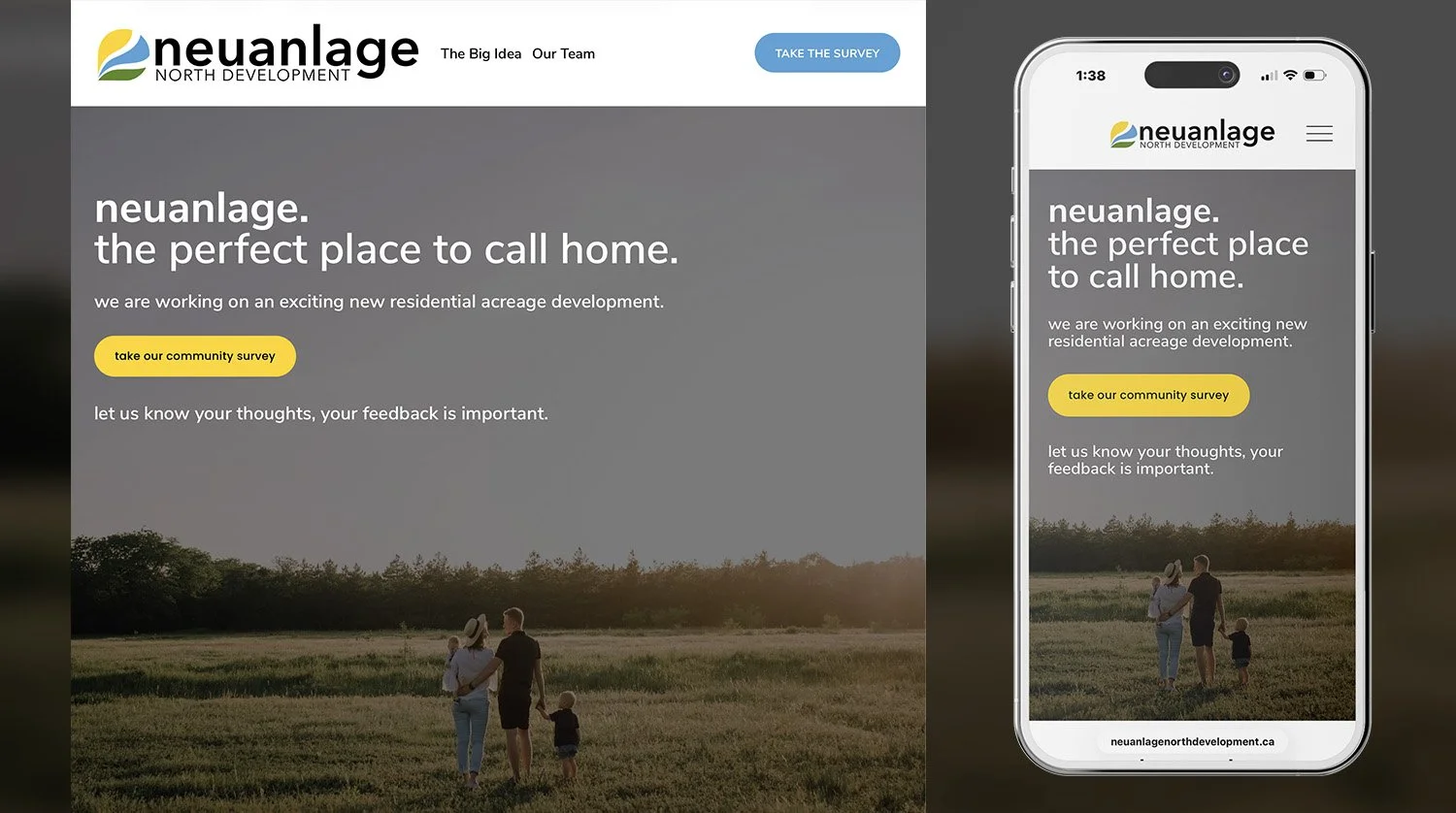 Neuanlage North Development - An aspirational residential acreage development north of the Hamlet of Neuanlage offering large lots, country living, and custom home possibilities just minutes from Saskatoon. 

Built the website with community surveys,