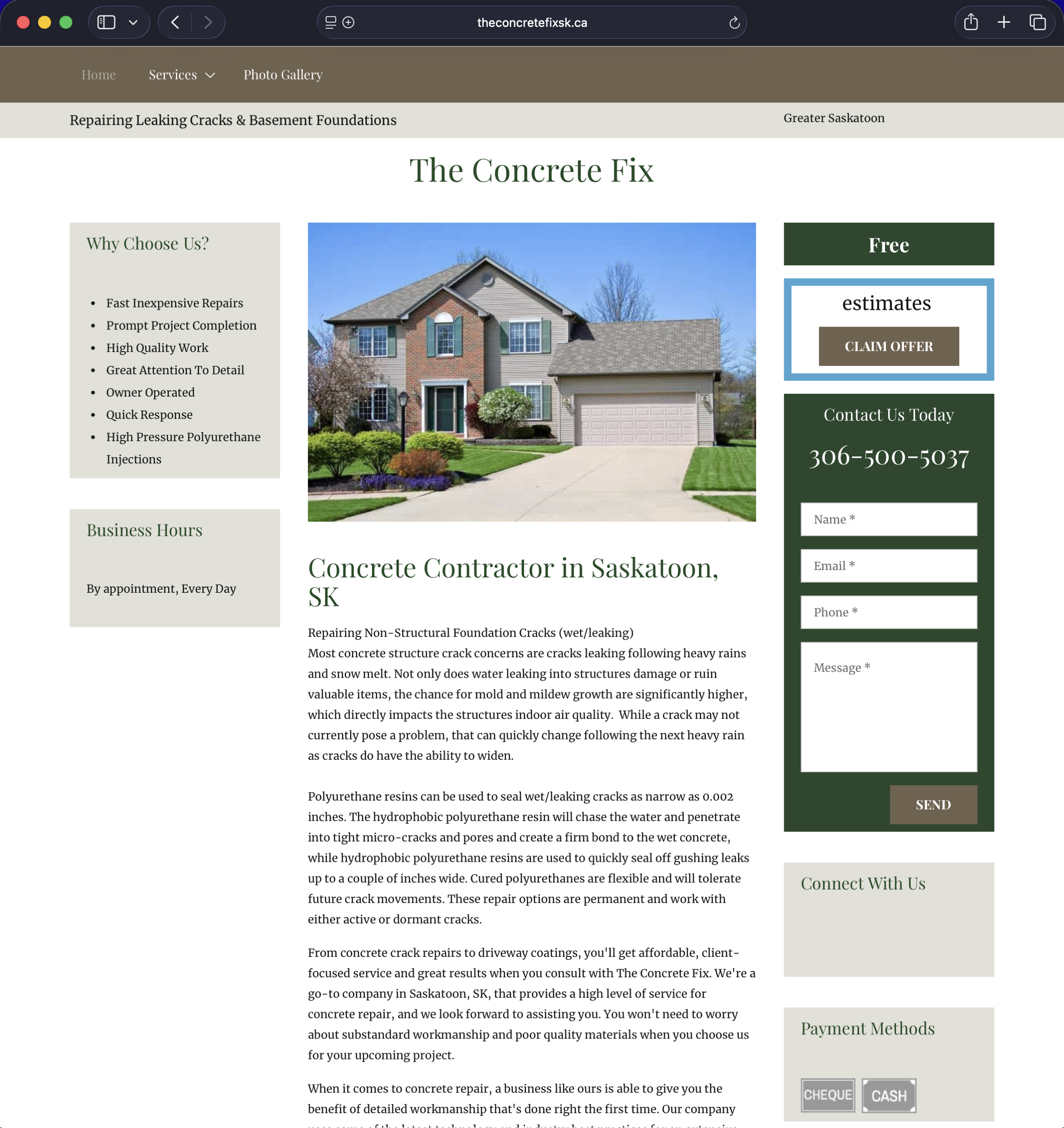 The Concrete Fix old website screenshot
Before screenshot of The Concrete Fix outdated website prior to redesign by Corwin Matthews Consulting showing cluttered layout and unclear messaging for Saskatoon foundation repair company