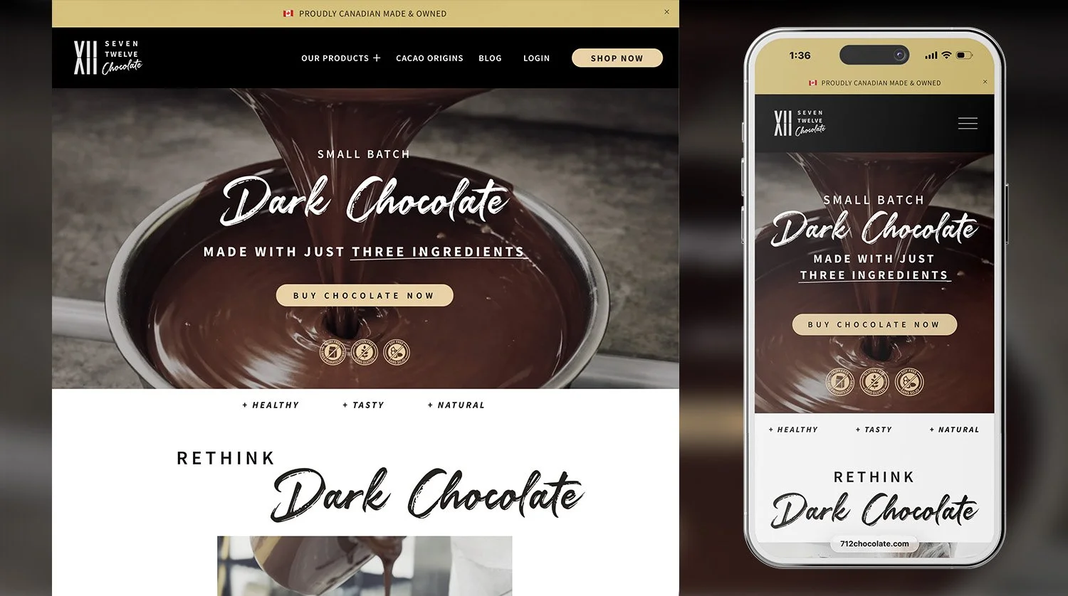 712 Chocolate - Small batch bean to bar dark chocolate made with just three ingredients in Saskatchewan. 

Reimagined the entire online presence with original video, product photography, signal soundbites, and a relaunched online store.