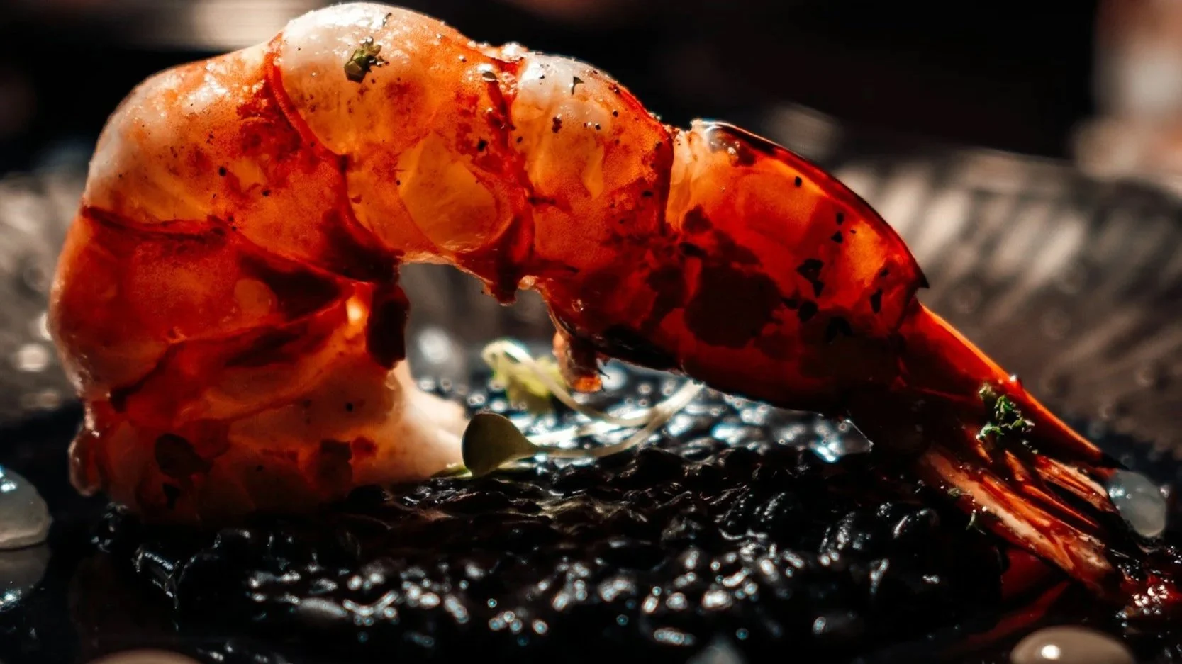 Close-up of a cooked prawn with a dark sauce and garnishes on a black plate