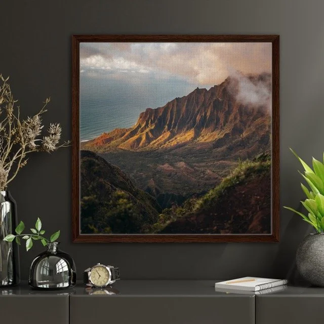 Framed Canvas of an Island Cove, perfect for casual decor. With vibrant colors and a stylish frame,