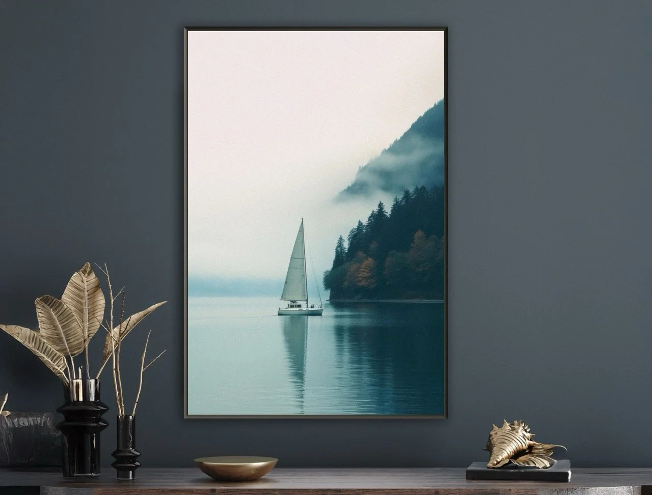 Framed seascape & Sailboat—printed on premium matte paper, sealed with plexiglass for a sleek, professional finish. Each piece comes in a modern metal frame, ready to hang,