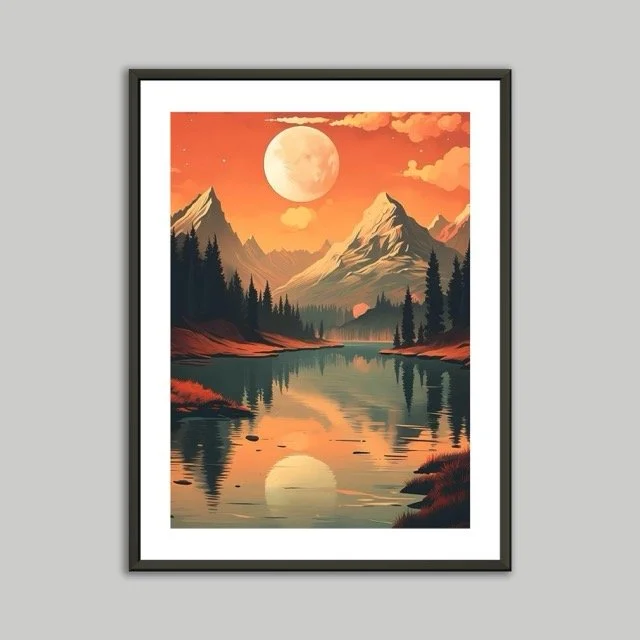Retro Lake Sunset Metal Framed Poster