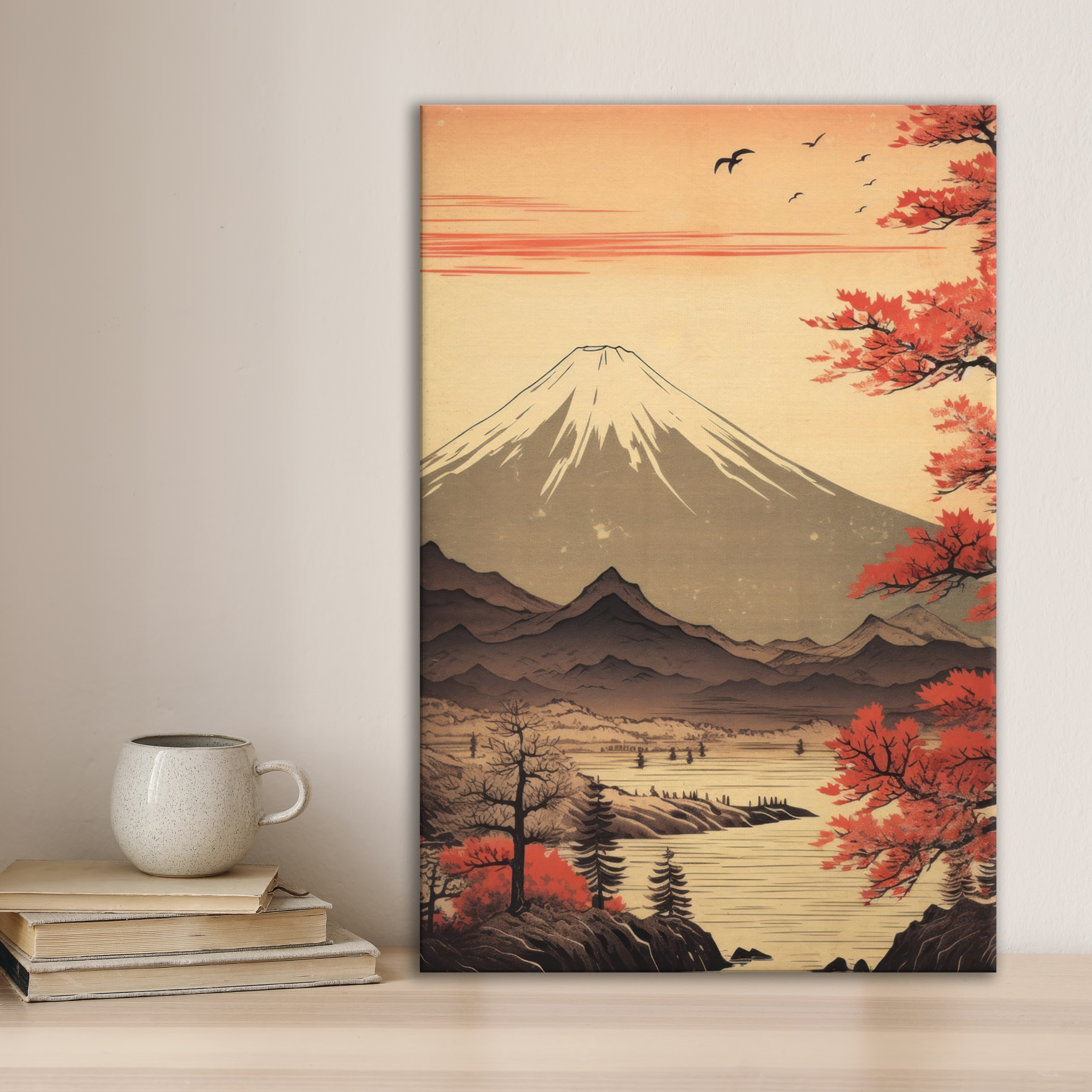 Mount Fuji in a retro-style Canvas print, featuring a finely drawn Japanese landscape.
