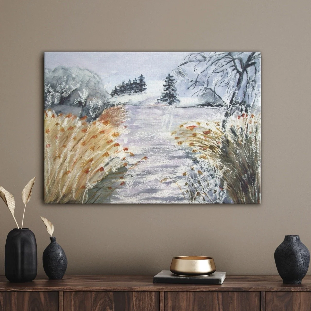 Water Colour Winter Lake Canvas