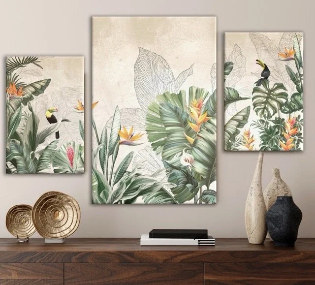 Set off 3 style Split canvas's featuring lush green foliage, exotic flowers, and vibrant toucans. Perfect for lengthy spaces above beds or sofas, it blends vivid colour