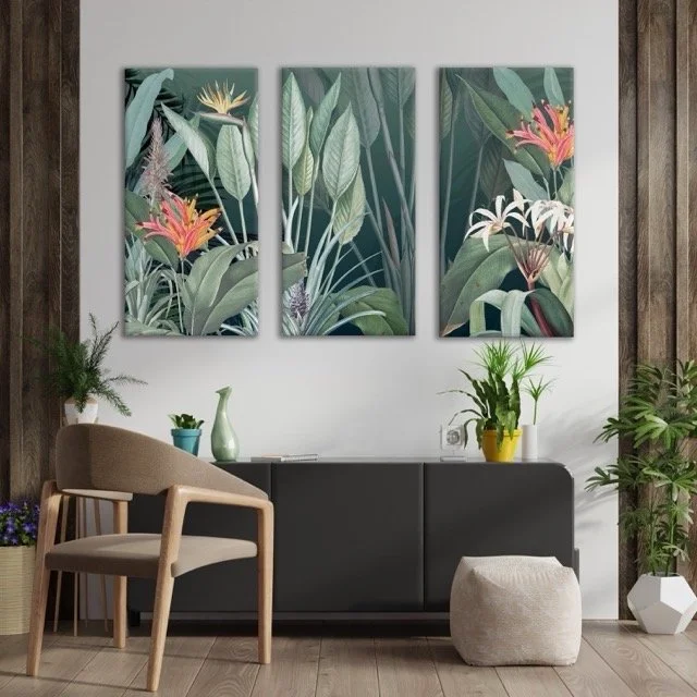 set off 3 style Split canvas's featuring lush green foliage, exotic flowers