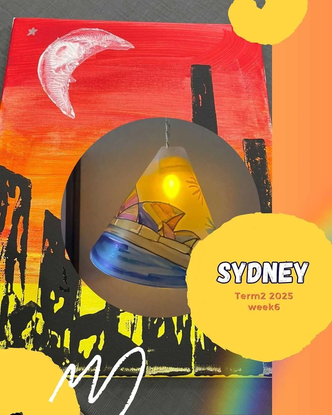 🌇 Sydney Sunset 🌆

We painted what Sydney means to us &mdash; from sunny skies to the Opera House!
Our artists used canvas, and made glowing lamps inspired by our city lights 💡🌉

🌟 Learning Benefits

🧠 Observation &amp; interpretation &ndash; k