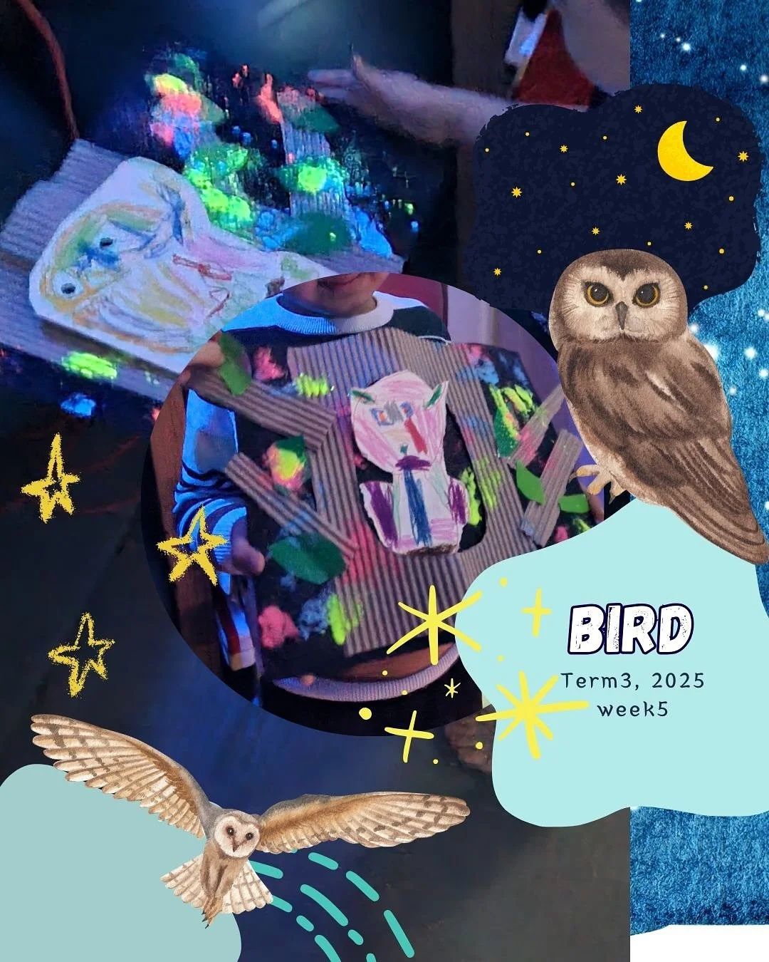 ✨ Glowing Owls ✨
The children used cardboard and glow paint to make bright, shiny owls. 🦉💡

🌱 This activity helped them⭐️
	&bull;	Try new textures and colours
	&bull;	Use their little hands and fingers
	&bull;	Be creative and proud of their work ?