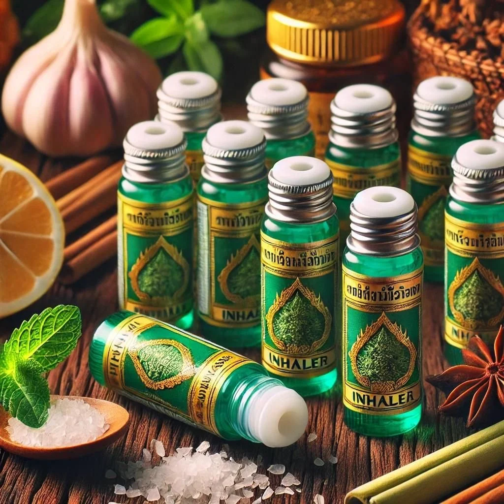 The inhaler has the words "Thai Inhaler" written on it. The background is filled with soft greenery and sunlight, creating a tranquil and serene atmosphere. The image emphasizes wellness, relaxation, and relief associated with using the inhaler.