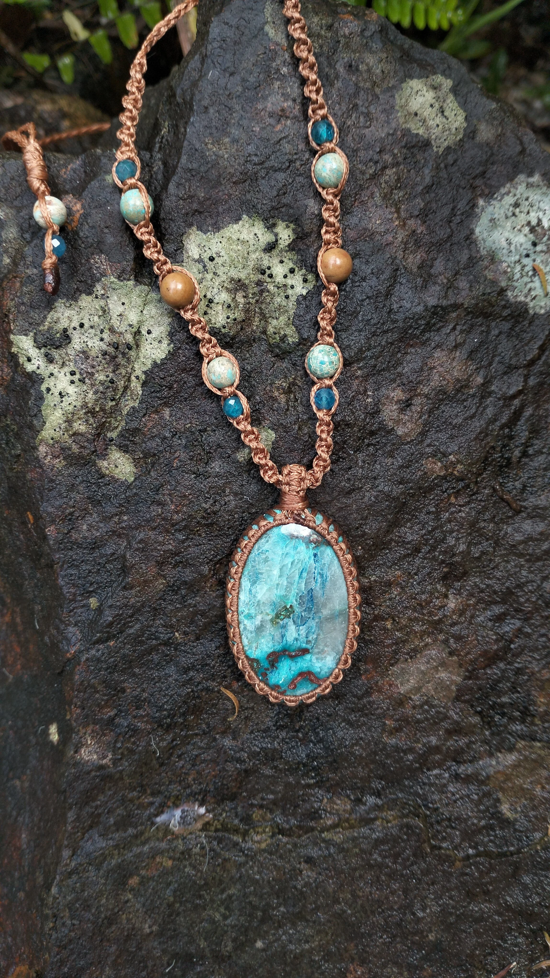 Vibrant Blue Shattukite Necklace with Apatite & Jasper Gemstones