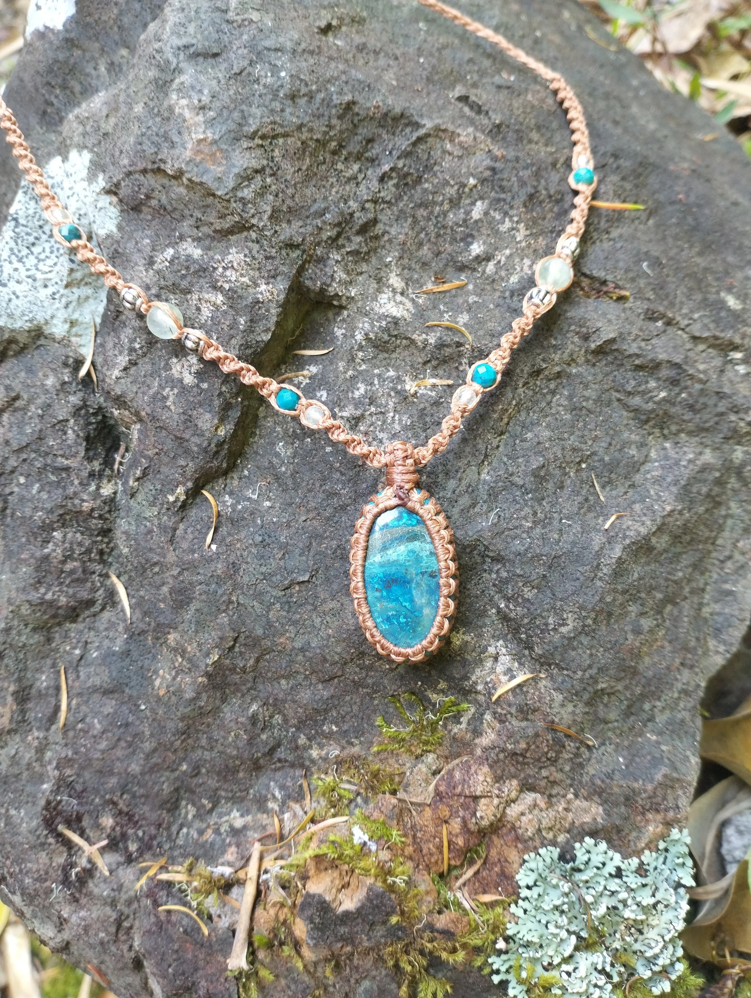 Blue Gemstone Shattuckite Necklace with Prehnite & Chrysocolla gemstones