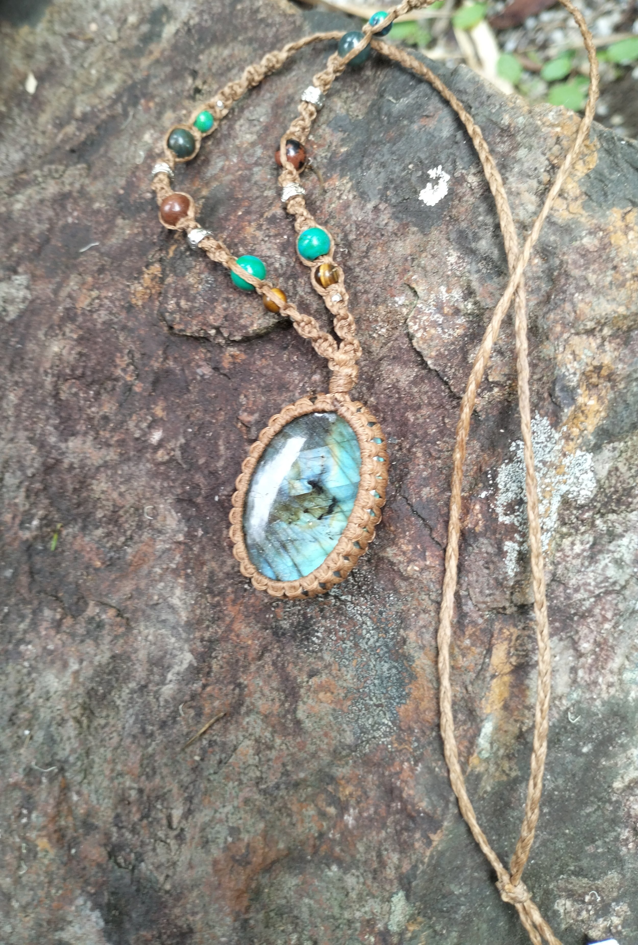 Labradorite Necklace with Tigers Eye, Mahogany Obsidian and Jasper in Linen